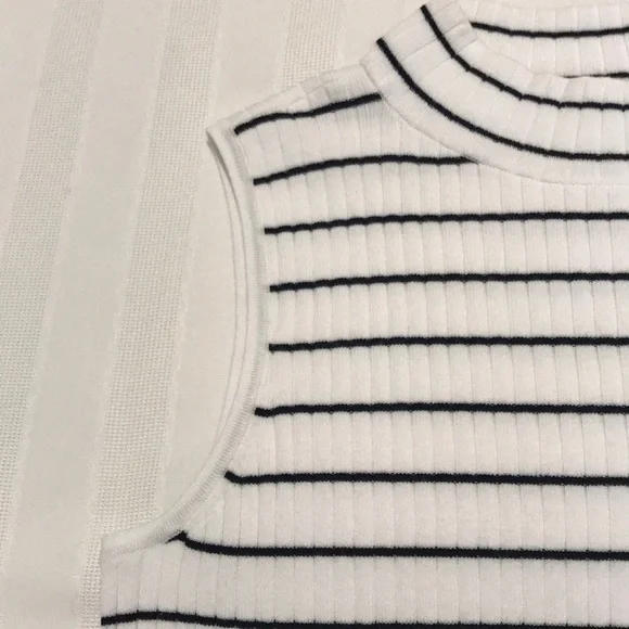 Talbots White Black Stripe Sleeveless Ribbed Mock Neck Sweater SP - Picture 5 of 14